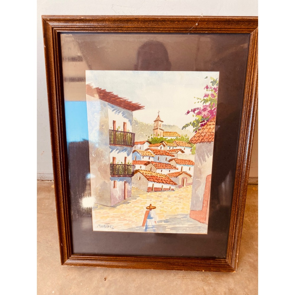 Vintage Martinez Signed Watercolor Painting Mexican Village Street Scene Framed